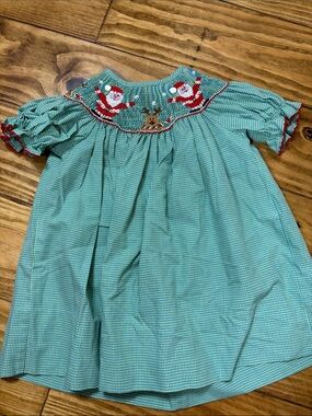 Velani Classics Size 9 Months Smocked Christmas Dress w/Santa & Reindeer